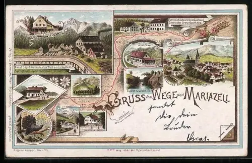 Lithographie Mariazell, Gasthaus Walstern, Turm-Mauer, Dependenz, Gasthaus Sattelhof, Auerhahn, Landkarte