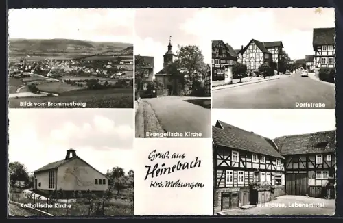 AK Heinebach /Melsungen, W. Krause Lebensmittel, Blick vom Brommesberg, Dorfstrasse, Katholische Kirche