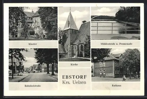 AK Ebstorf /Uelzen, Kloster, Kirche, Bahnhofstrasse, Rathaus, Mühlenteich u. Promenade
