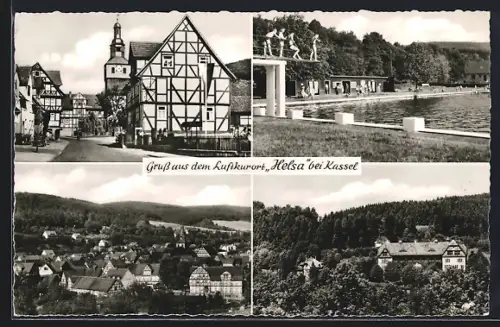 AK Helsa bei Kassel, Fachwerkhäuser, Kirche, Schwimmbad