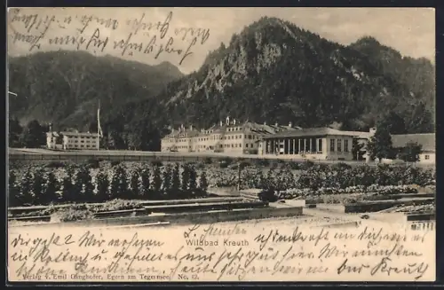 AK Kreuth, Ortsansicht mit Gebirge