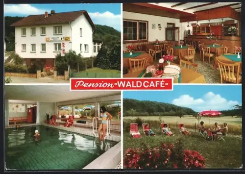 AK Gedern / Oberhessen, Pension Waldcafé, Bes. Christa Wolf, Hallenschwimmbad, Terrasse, Liegewiese