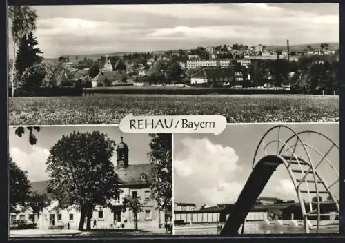 AK Rehau /Bayern, Stadtansicht, Rathaus, Schwimmbad