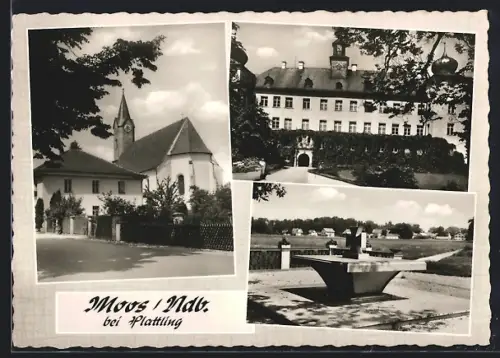 AK Moos /Ndb., Kirche, Schloss, Denkmal
