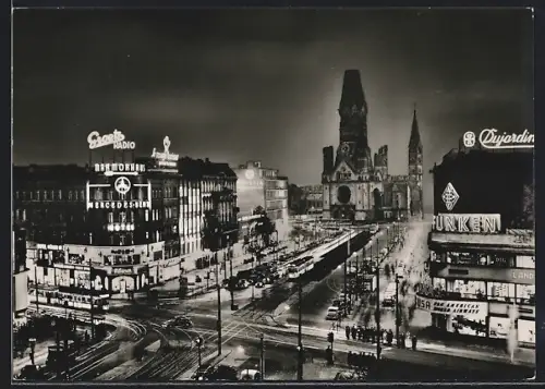 AK Berlin-Charlottenburg, Kaiser-Wilhelm-Gedächtniskirche, Kurfürstendamm, Nachtaufnahme