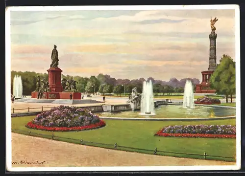 Künstler-AK Berlin-Tiergarten, Bismarckdenkmal, Siegessäule, Springbrunnen