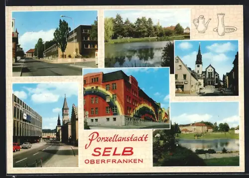 AK Selb /Oberfranken, Porzellanstadt, Stadtansichten, Kirche, Teich