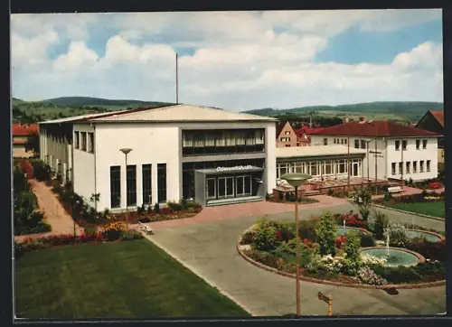 AK Michelstadt /Odenwald, Odenwaldhalle, Brunnen, Gartenanlage