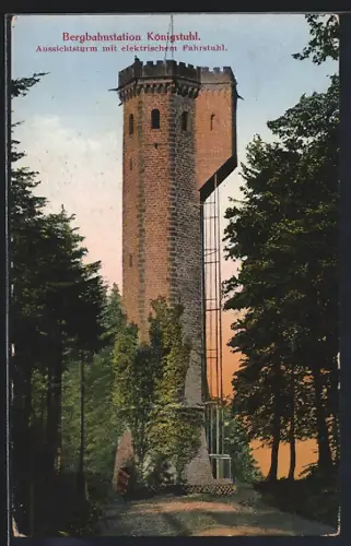 AK Königstuhl / Heidelberg, Bergbahnstation, Aussichtsturm mit elektrischem Fahrstuhl