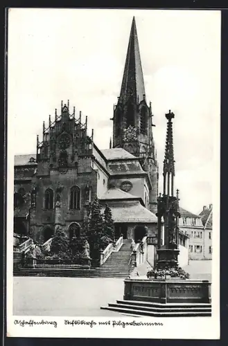 AK Aschaffenburg, Stiftskirche mit Pilgerbrunnen