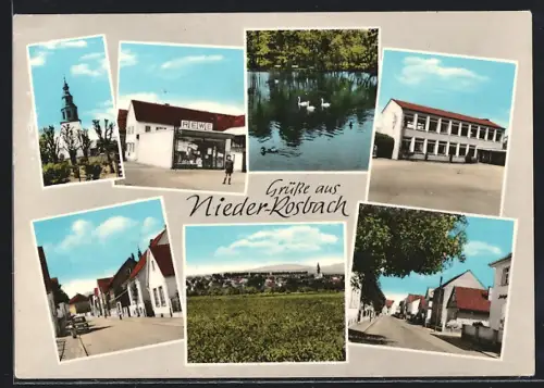 AK Nieder-Rosbach, Kirche, REWE, Teich mit Schwänen