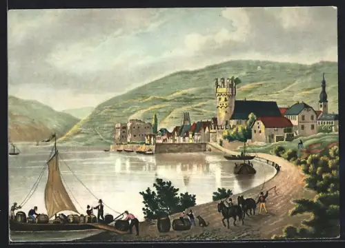 Künstler-AK Rüdesheim am Rhein, Rheinansicht, Burg, Kirche