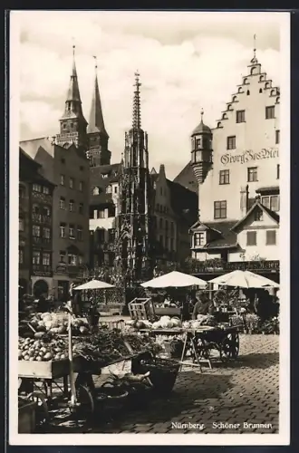 AK Nürnberg, Schöner Brunnen, Marktstände, Gasthaus Georg Jos. Meier