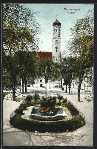AK Memmingen, Hallhof, Brunnen, Kirchturm
