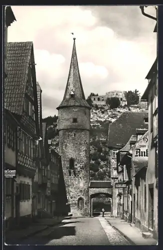 AK Karlstadt /Main, Maingasse mit Ruine Karlsburg
