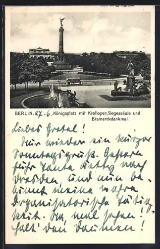 AK Berlin-Tiergarten, Königsplatz, Krolloper, Siegessäule, Bismarckdenkmal