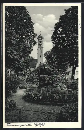 AK Memmingen i. A., Hallhof, Gartenansicht, Kirchturm