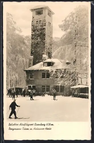 AK Eisenberg /Hersfeld, Borgmann-Turm, Heussner-Haus, Winter, Skifahrer