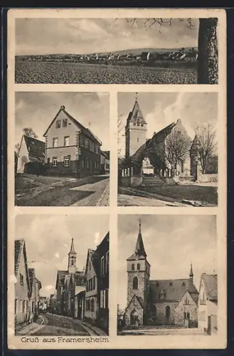 AK Framersheim, Gasthaus von Adam Kutscher, Kirche und Strassenpartie