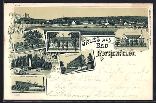 Lithographie Bad Rothenfelde / Teutoburger Wald, Ortsansicht, Kurhaus und Kurgarten, Gradirwerk