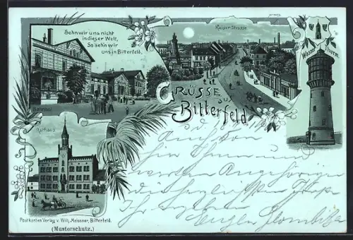 Mondschein-Lithographie Bitterfeld, Bahnhof, Rathaus, Wasserturm und Kaiserstrasse