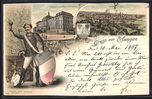 Lithographie Erlangen, Collegienhaus, Universitätsgebäude, Student mit Wappen, Totalansicht