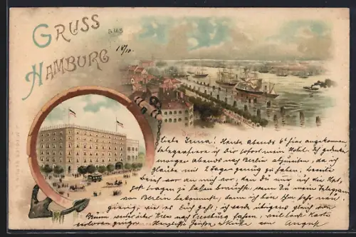 Lithographie Hamburg, Hotel zum Kaiserhof, Bahnhofstrasse 11, Blick über den Hafen