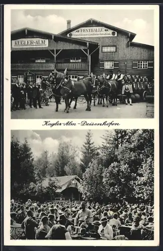 AK Deisenhofen / Gleisenthal, Gastwirtschaft Kugler-Alm mit Gartenlokal, Pferdewagen mit Fässern