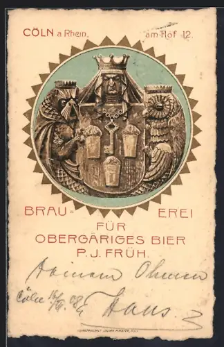 Lithographie Cöln a. Rhein, Brauerei für obergähriges Bier von P. J. Früh, Am Hof 12