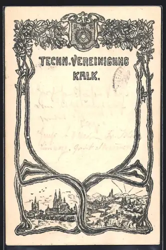 Lithographie Köln-Kalk, Techn. Vereinigung, Ortsansicht bei Sonnenaufgang, Wappen