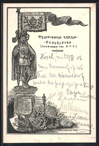 Lithographie Düsseldorf, Technischer Verein Düsseldorf, Mann mit Fahne, Wappen