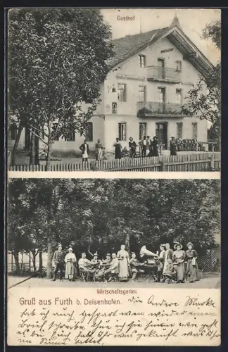AK Furth b. Deisenhofen, Gasthof, Frontansicht und Gäste im Garten