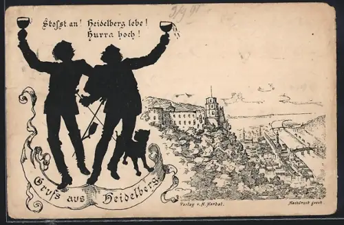 Lithographie Heidelberg / Neckar, Ortsansicht aus der Vogelschau, Zwei Studenten