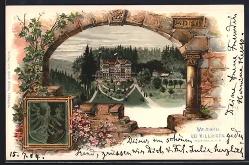Passepartout-Lithographie Villingen / Baden, Waldhotel mit Umgebung, Wappen