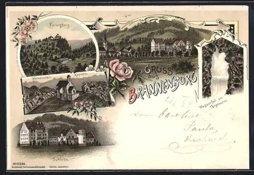 Lithographie Brannenburg, Schloss, Wasserfall am Tatzelwurm, Petersberg