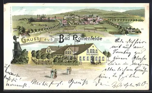 Lithographie Bad Rothenfelde, Hotel Wiemann mit Vorplatz, Blick über den Ort