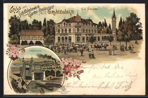 Lithographie Waltrop, Schiffshebewerk und Garten-Restaurant Grunewald