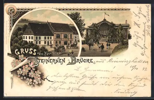 Lithographie Dortmund, Pferdekutschen am Gasthaus zur steinernen Brücke v. H. Bierbrodt