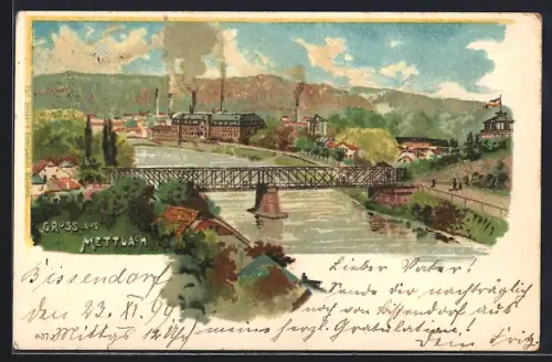 Lithographie Mettlach, Uferpartie mit Brücke
