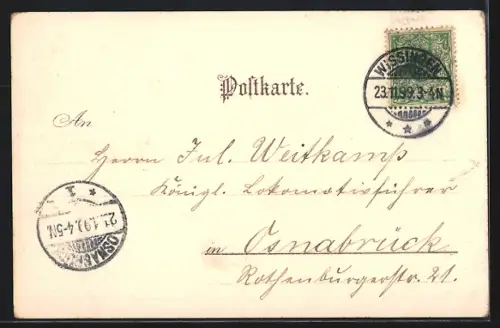 Lithographie Mettlach, Uferpartie mit Brücke
