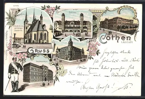 Lithographie Cöthen i. Anhalt, Polytechnikum, Schloss, Landes-Seminar