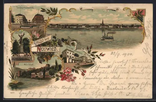 Lithographie Neuwied, Schloss Montrepos, Landgerichtsplatz, Krieger-Denkmal