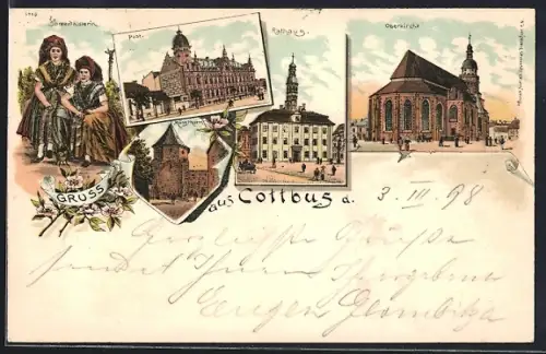 Lithographie Cottbus, Oberkirche, Post, Rathaus, Münzthurm