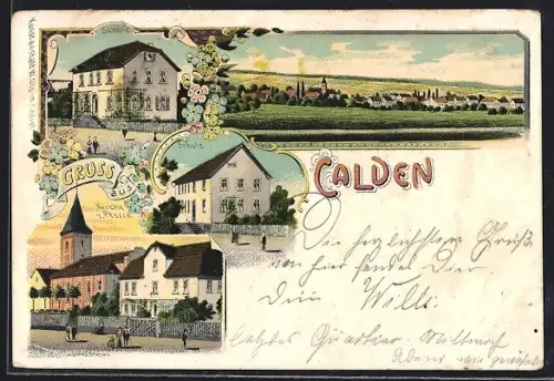 Lithographie Calden, Schule, Kirche und Pfarre, Totalansicht