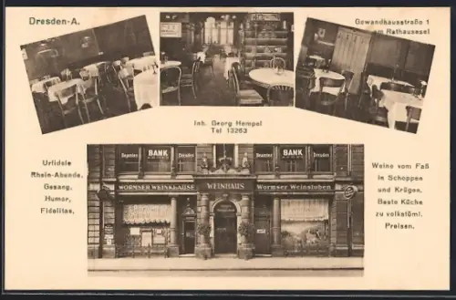 AK Dresden-A., Restaurant Wormser Weinklause, Inh. Georg Hempel, Gewandhausstrasse 1