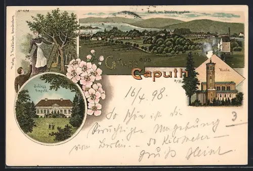 Lithographie Caputh a. H., Kirche, Schloss, Ortsansicht vom Steinberg aus