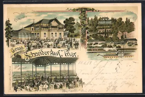 Lithographie Trier, Gasthaus Schneidershof, Blick von der Terrasse, Dampfer