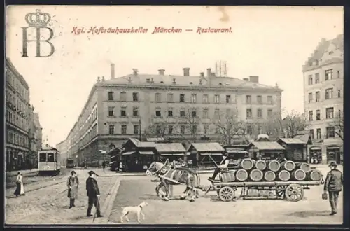 AK München-Haidhausen, Gasthof Hofbräuhauskeller, Bierkutsche, Strassenbahn