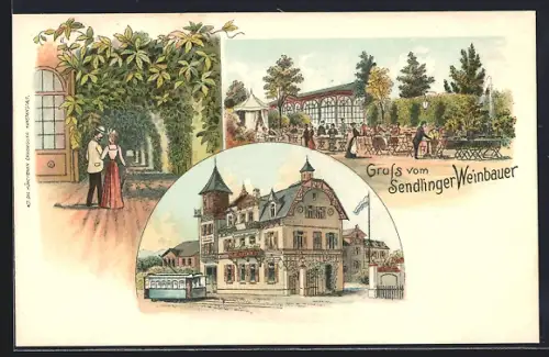 Lithographie München-Sendling, Gasthaus Sendlinger Weinbauer, Plinganserstrasse 68