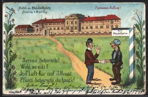 Lithographie München-Giesing, Gefängnis Hotel de Stadelheim, Zwei Halunken im Gespräch